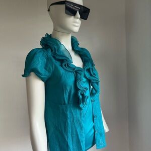 iz bryer Women's Teal Ruffle Button-Up Blouse M